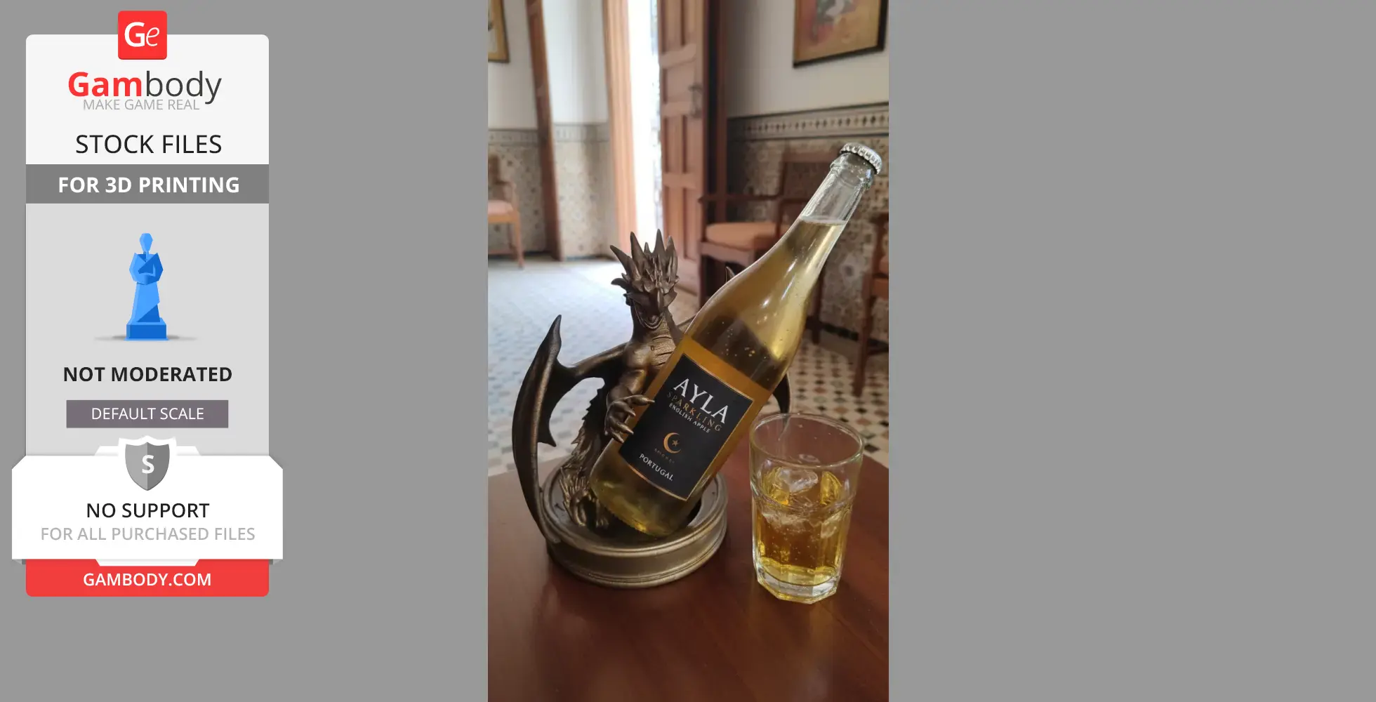 A dragon-shaped wine caddy holds a bottle, with a drink in a glass nearby.