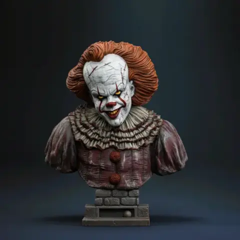 Creepy clown bust with a sinister grin, white face, red hair, and ruffled costume, inspired by a horror movie.
