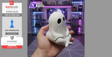 A cute, chubby ghost figure with large eyes, held in hand, set in a modern, colorful room background.