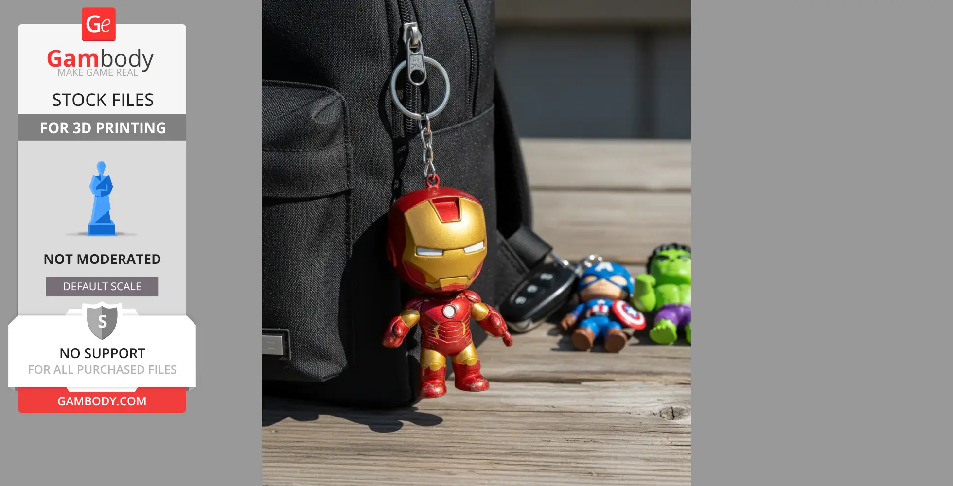 Chibi-style superhero keychain on a backpack, with two similar figures on a wooden surface nearby.