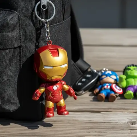 Chibi-style superhero keychain on a backpack, with more figures on a wooden surface nearby.