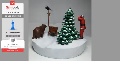 Santa and bear near a snow-covered tree with a bird on a post; winter diorama scene for 3D printing.