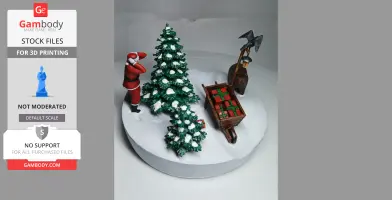 Santa and a bear by a snowy Christmas tree, with gifts in a sled in this festive diorama.