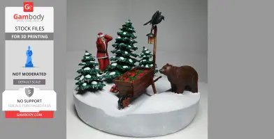 Santa and bear in snowy forest with gifts in a sled; Christmas-themed diorama scene.