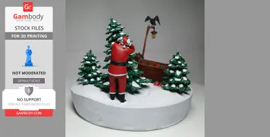 Santa and a bear in a snowy forest with lantern, trees, and presents; winter diorama scene.
