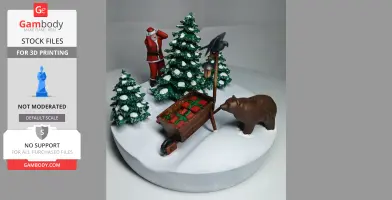 Santa stands surprised in a snowy diorama with trees, a bear, and a sled filled with gifts.