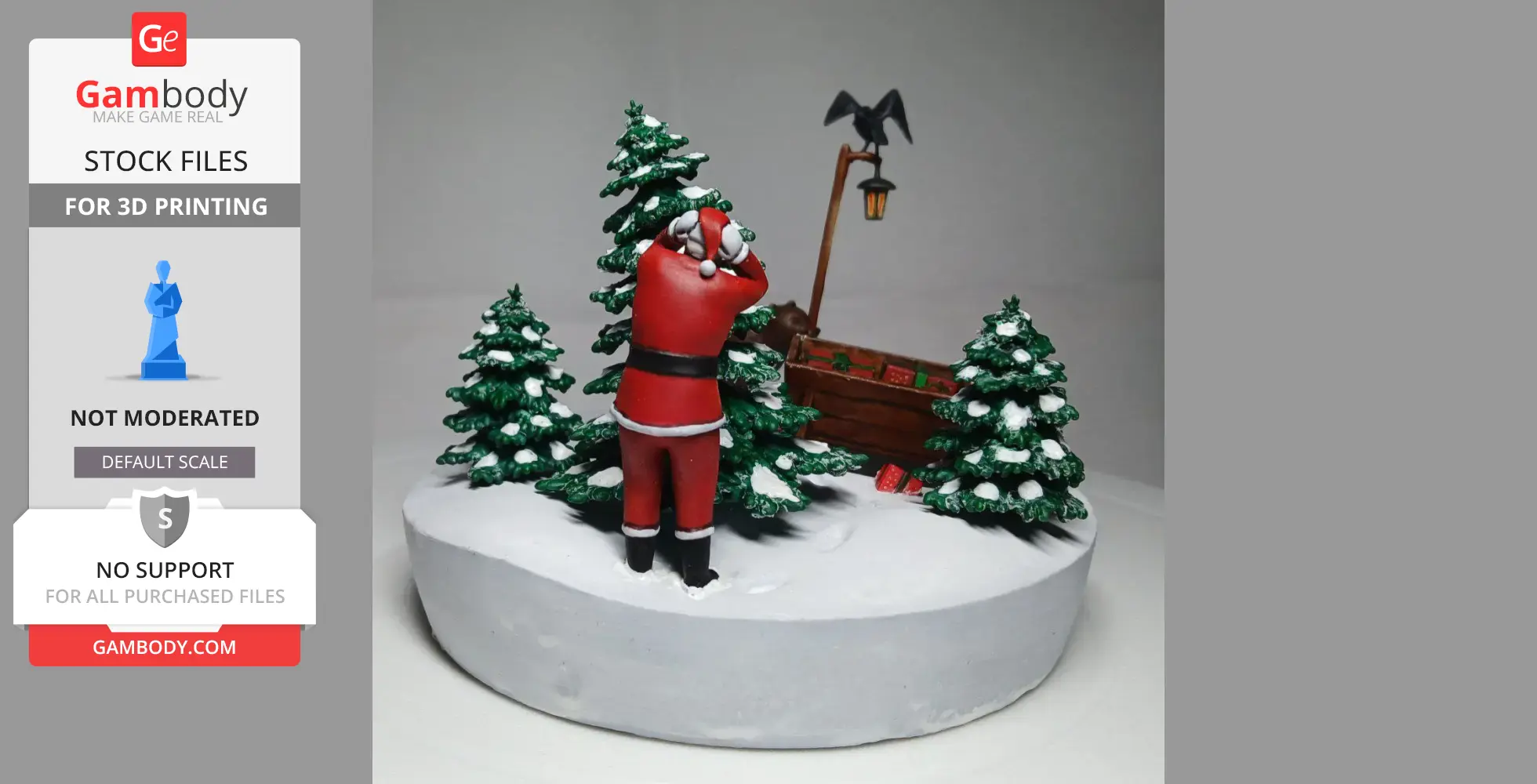 Santa and a bear in a snowy forest with lantern, trees, and presents; winter diorama scene.
