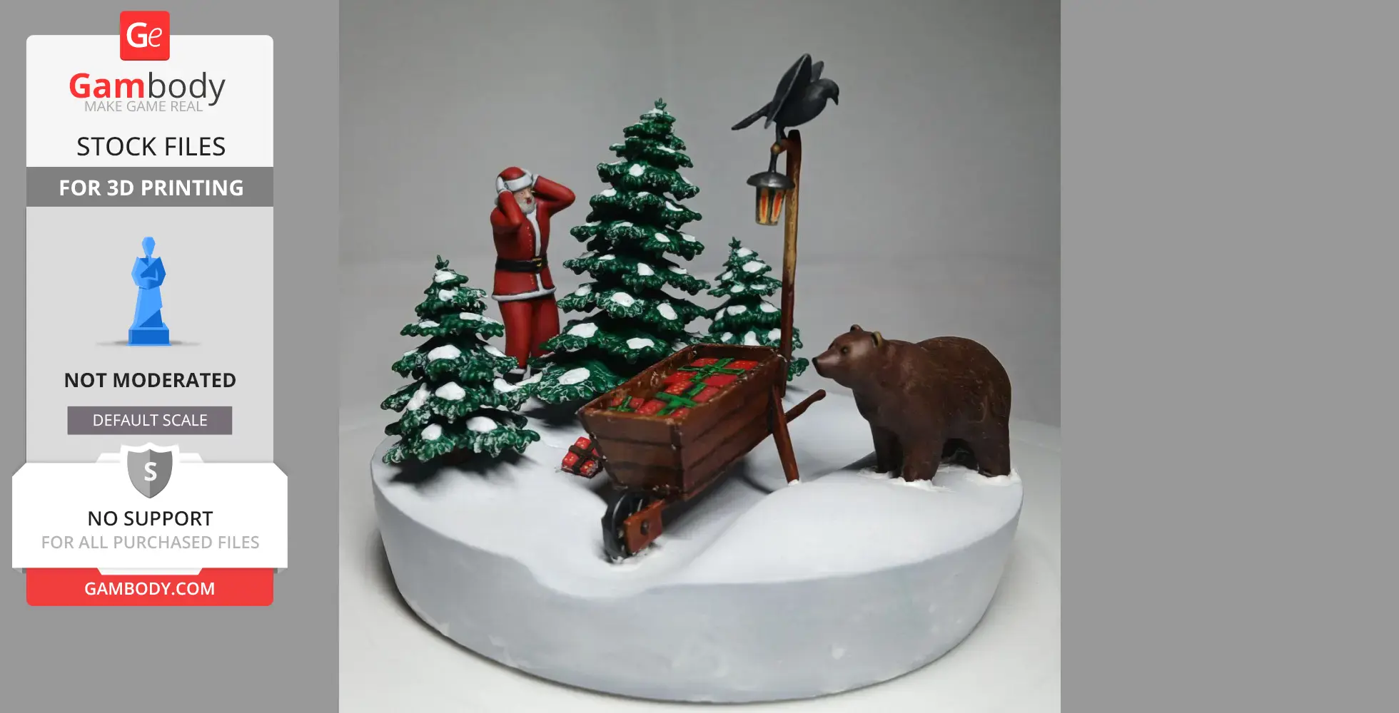 Santa and bear in snowy forest with gifts in a sled; Christmas-themed diorama scene.