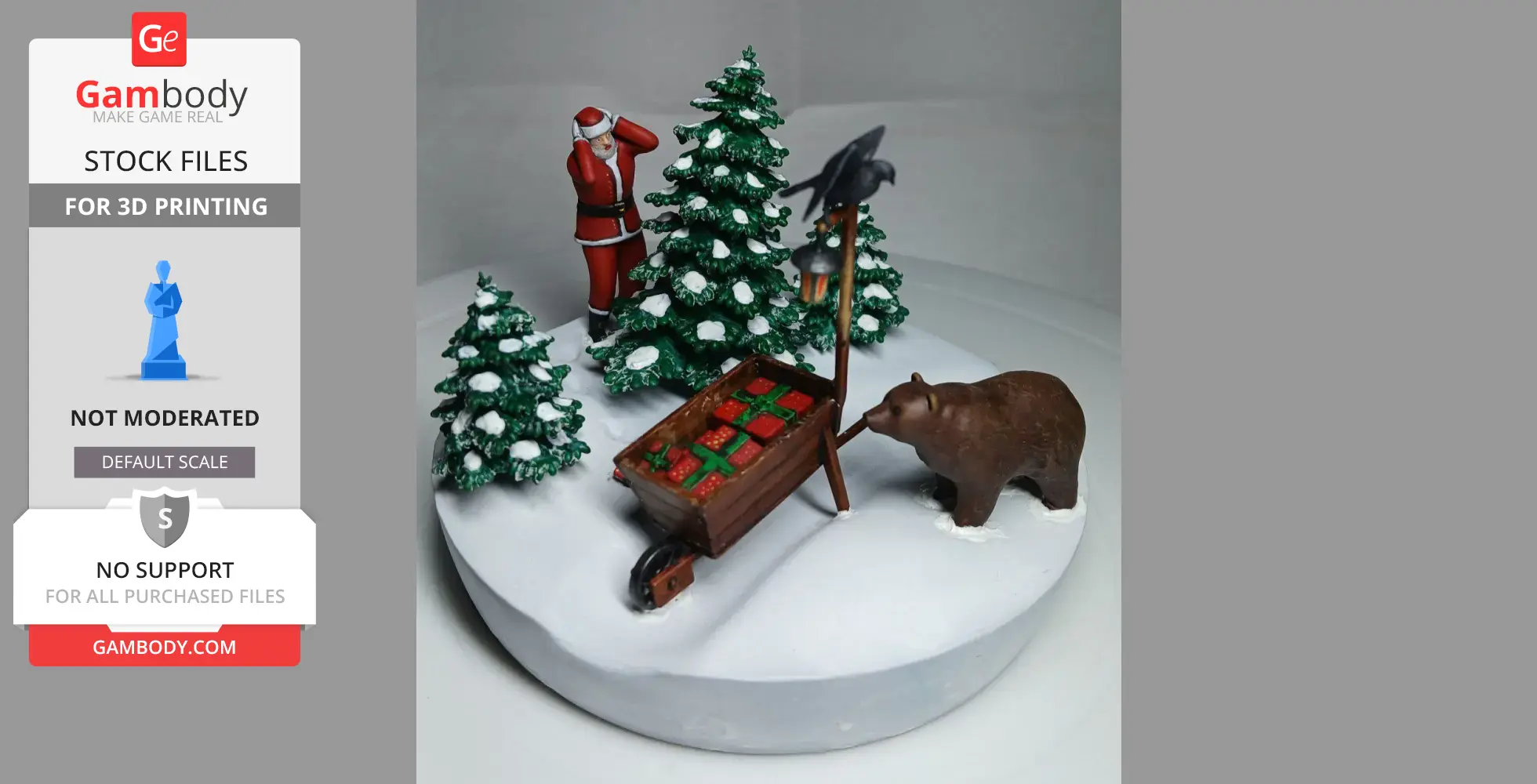 Santa stands surprised in a snowy diorama with trees, a bear, and a sled filled with gifts.