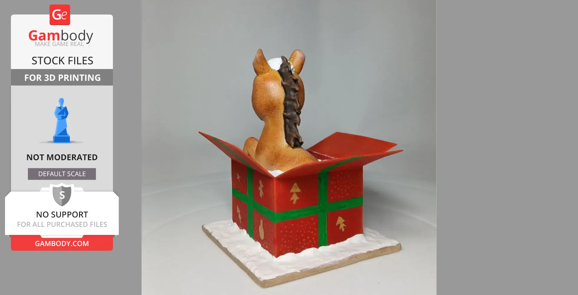 A horse figure emerges from a festive red gift box, with green ribbon and holiday motifs.