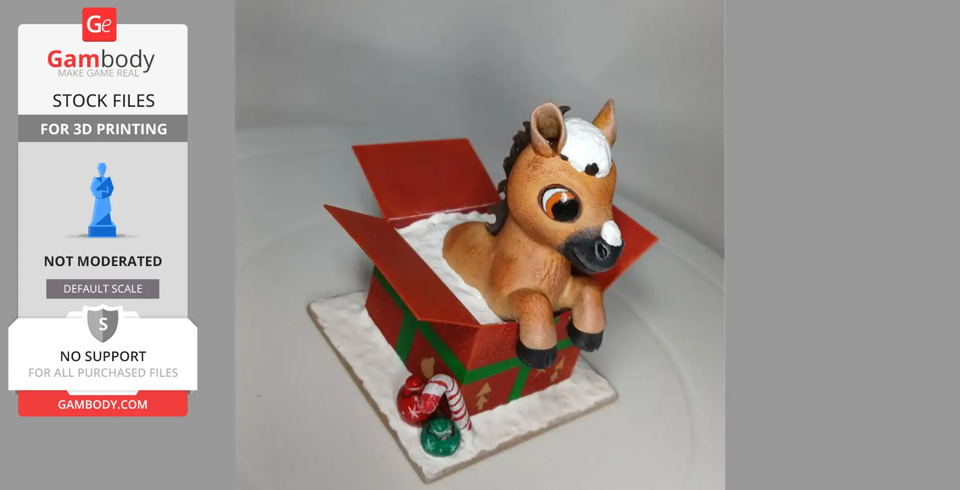 A cute horse figurine in a red gift box, surrounded by festive decorations for 3D printing.