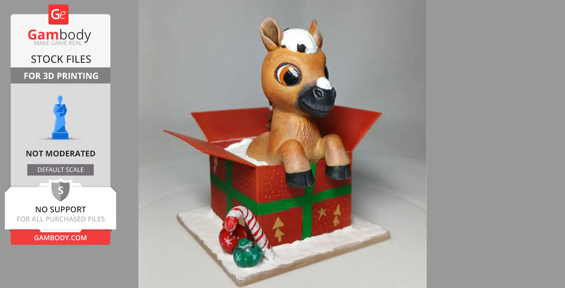 Cute cartoon horse in a festive gift box with ornaments and candy cane, on a snowy base.