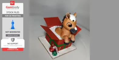 A cute horse figurine in a red gift box, surrounded by festive decorations for 3D printing.
