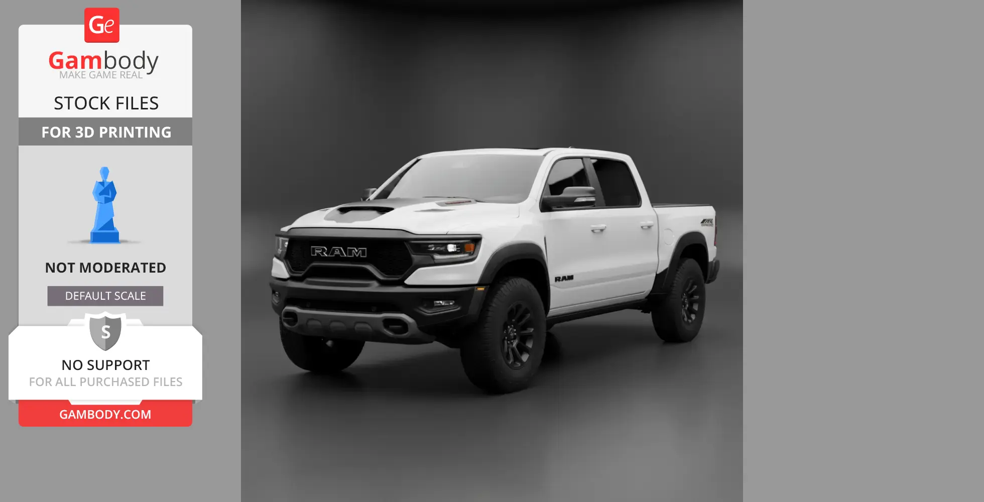 High-detail 3D model of a white Ram TRX pickup truck on display.