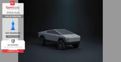 Futuristic, angular Cybertruck model designed for 3D printing, shown in a dark setting.