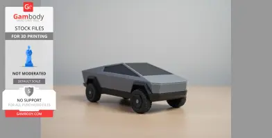 Sleek, angular Cybertruck model on a tabletop, designed for 3D printing without supports.