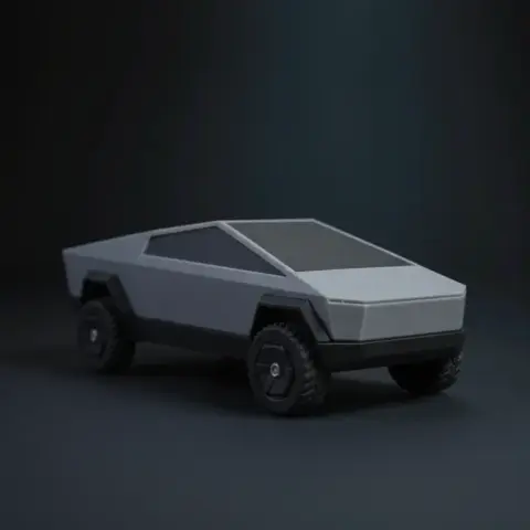 Futuristic, angular truck model with large wheels, designed for 3D printing without supports.