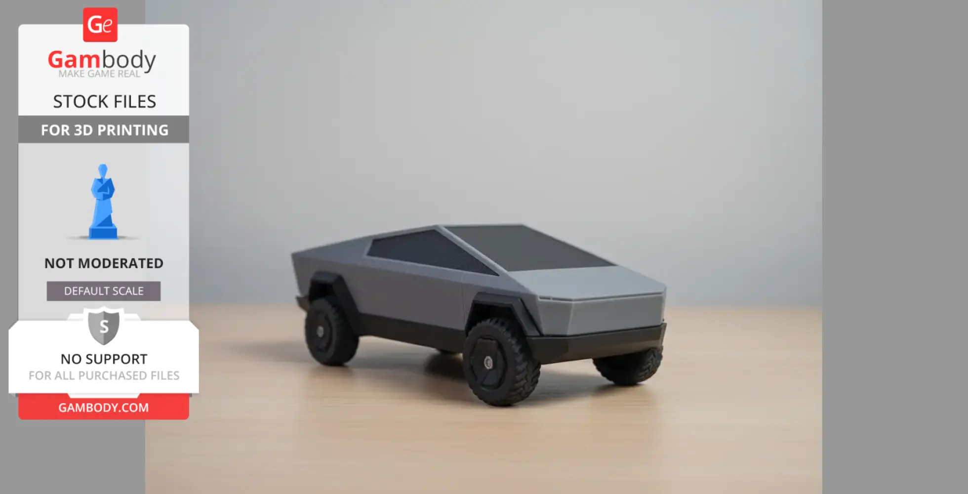 Sleek, angular Cybertruck model on a tabletop, designed for 3D printing without supports.