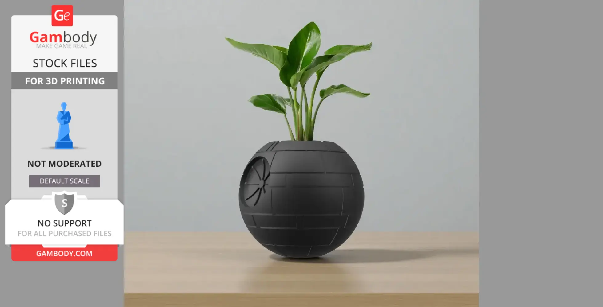 A Death Star-shaped plant pot with vibrant green leaves, designed for 3D printing.