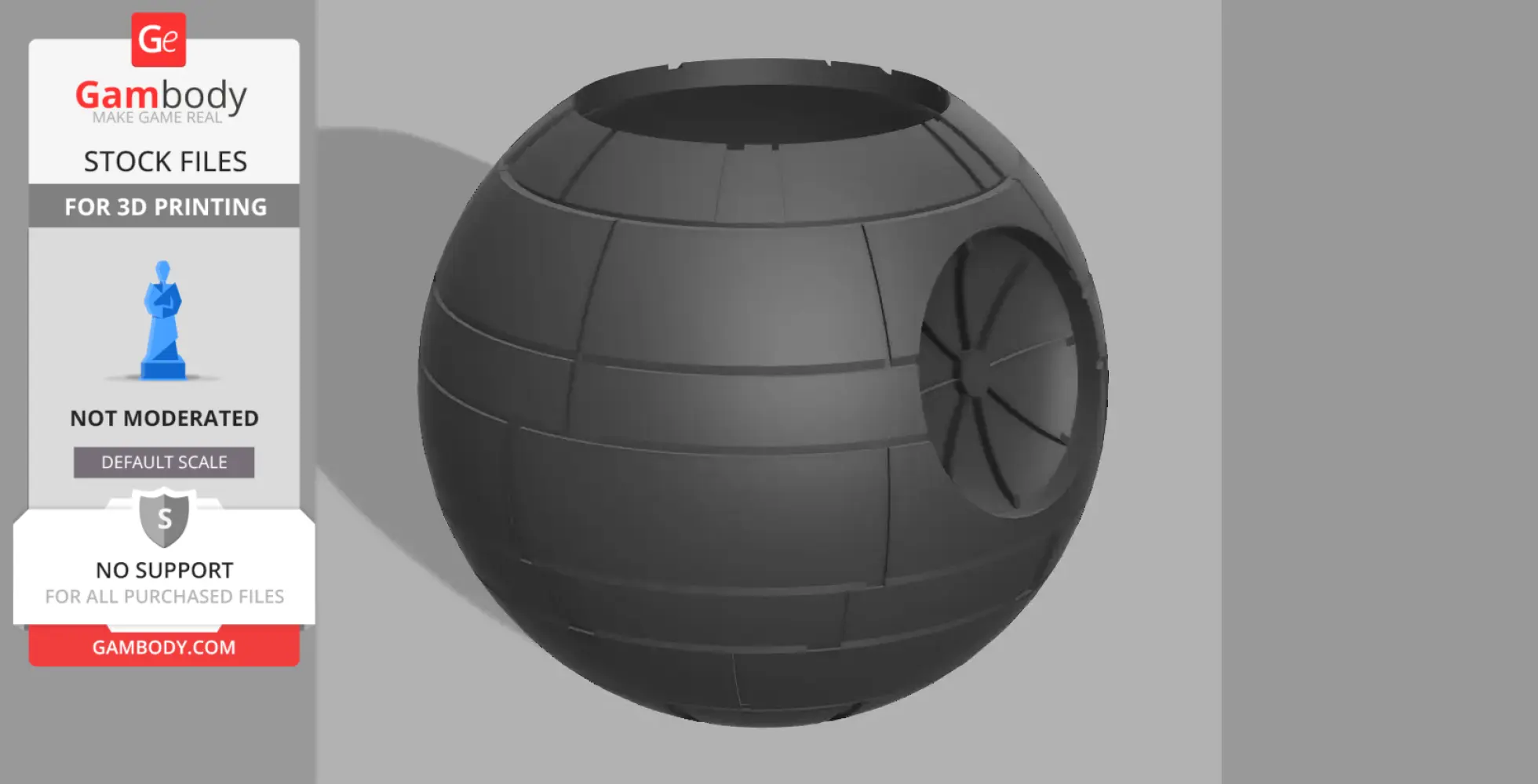 3D model of a Death Star-shaped plant pot for 3D printing, featuring detailed exterior panels.