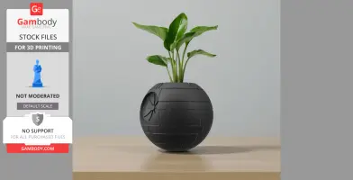 A spherical plant pot resembling the Death Star, with a plant growing from the top.