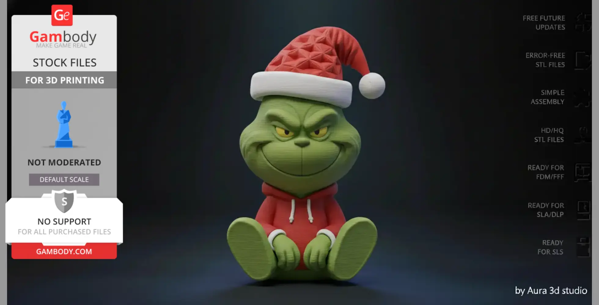 Green creature wearing a red Santa hat and hoodie, sitting cross-legged with a mischievous grin.