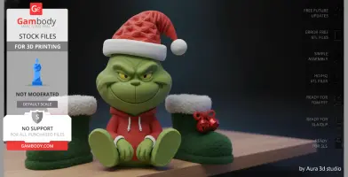 A green creature wearing a Santa hat and red hoodie sits between two green Christmas boots.