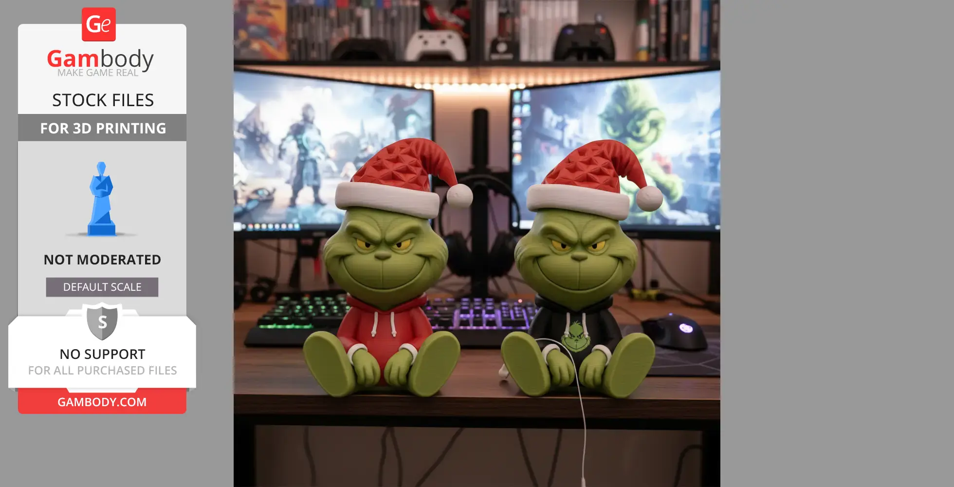 Two green, sitting Grinch figures with Santa hats, displayed on a desk with gaming monitors.