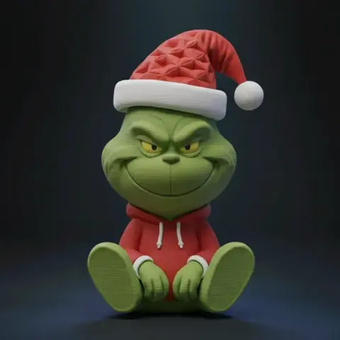 A cute, seated Grinch in a Santa hat and hoodie, smiling mischievously.
