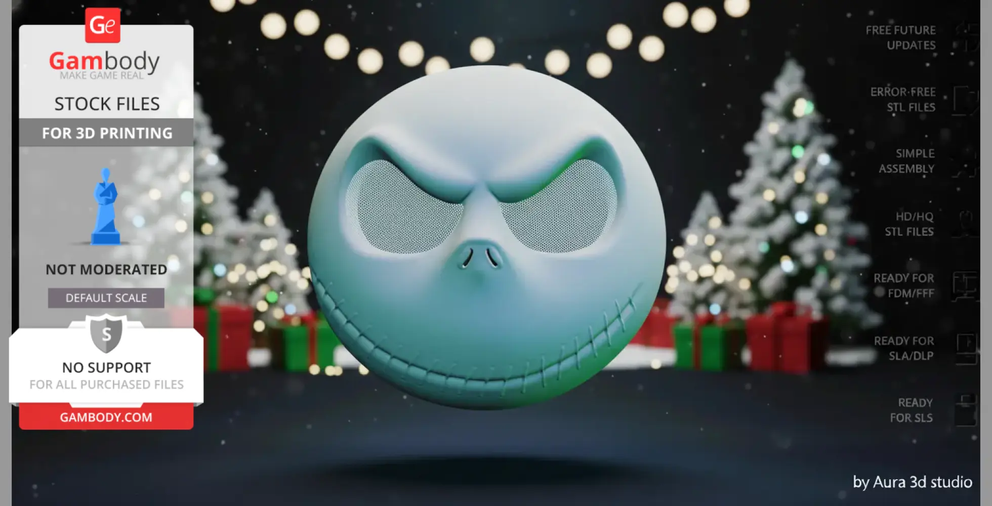 3D model of a grinning skull-shaped mask with large eyes, surrounded by festive Christmas background.