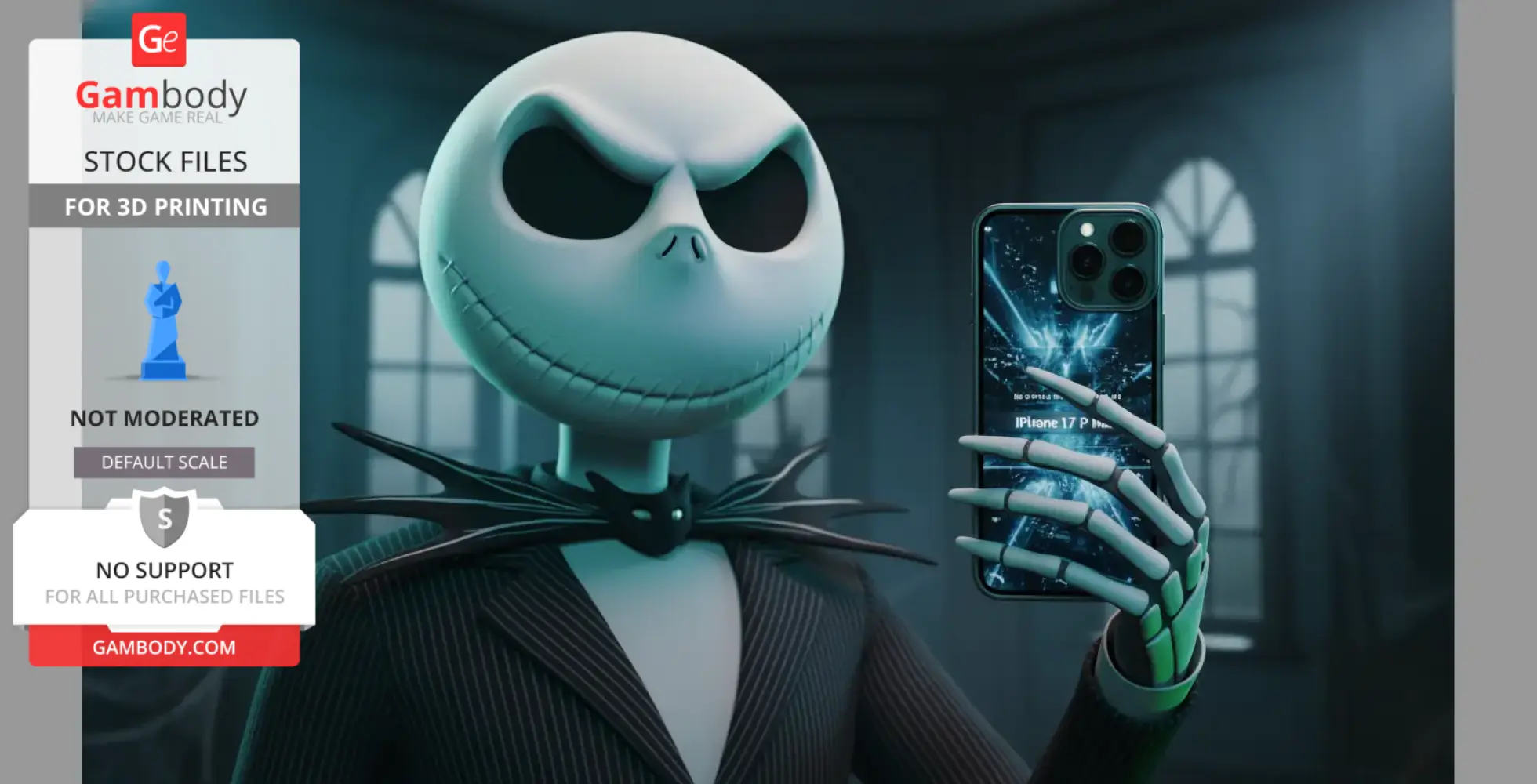 A character with a skull-like face holds a smartphone in a dimly lit room.