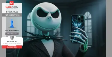 A character with a skull-like face holds a smartphone in a dimly lit room.