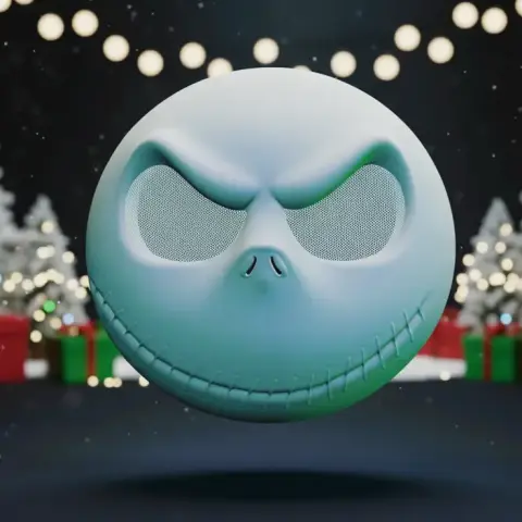 3D model of a grinning Jack Skellington mask, set against a festive background with lights and trees.