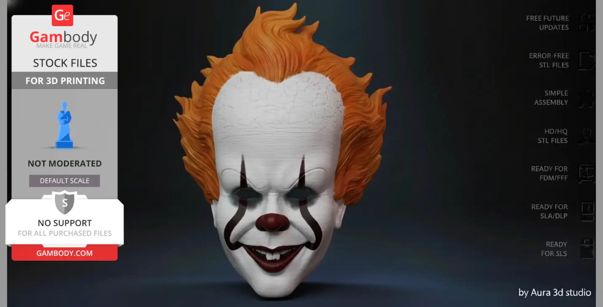 Creepy clown mask with orange hair and exaggerated makeup, designed for 3D printing.