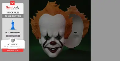 A 3D printable Pennywise clown mask with orange hair and sinister smile, shown front and back.