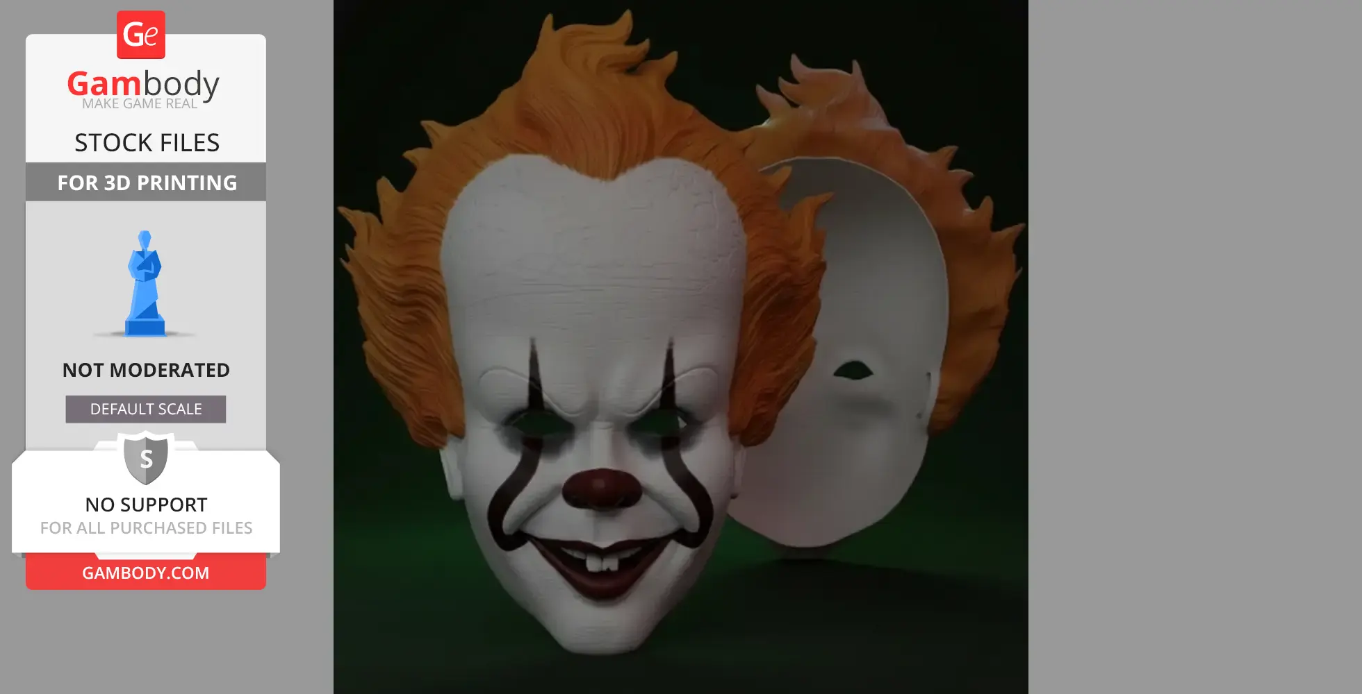 A 3D printable Pennywise clown mask with orange hair and sinister smile, shown front and back.