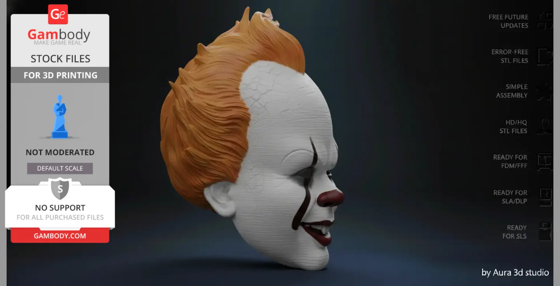 3D model of a clown-like, cracked white mask with orange hair and exaggerated facial features.