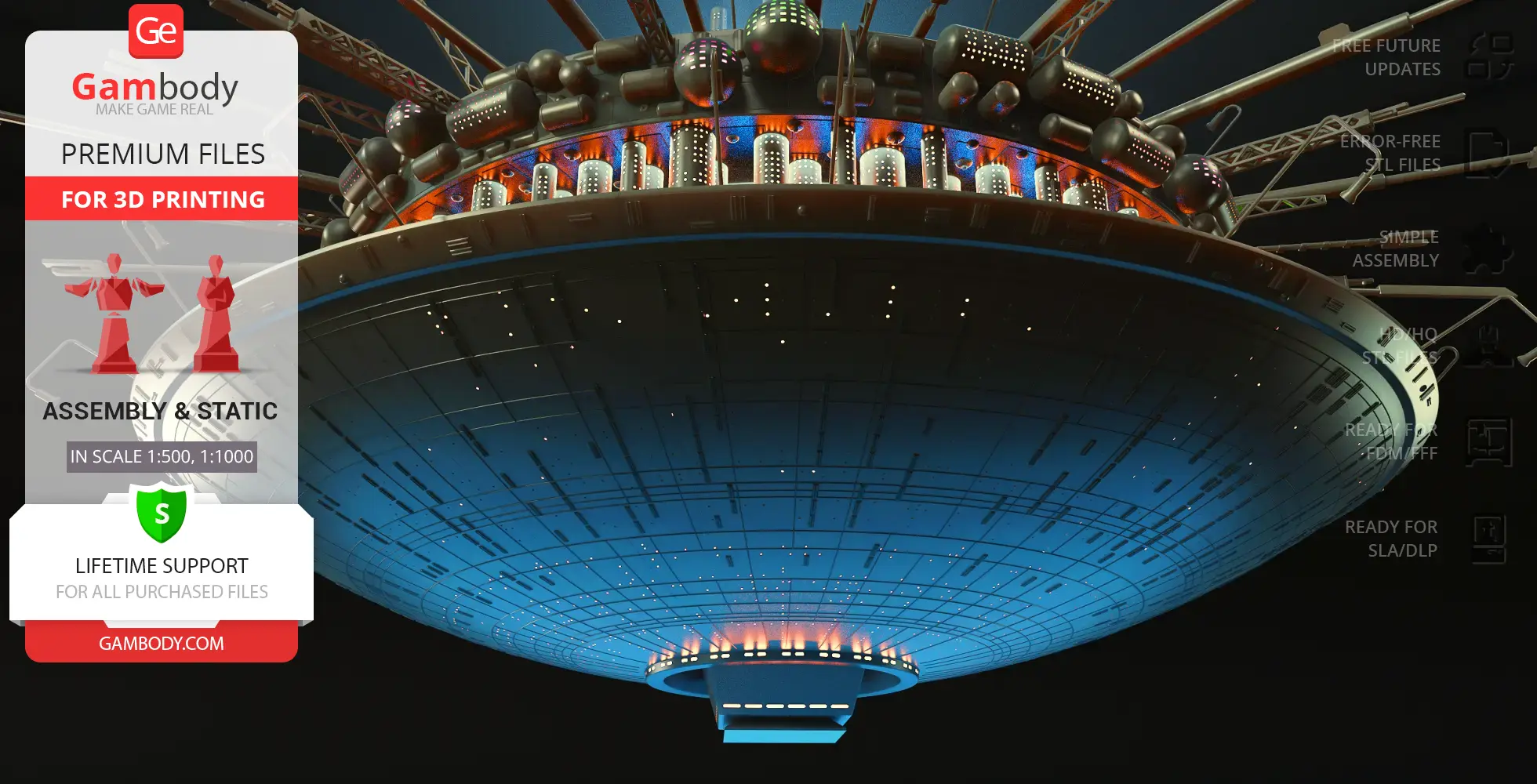 A futuristic, disc-shaped sci-fi mothership with intricate surface details and glowing lights.