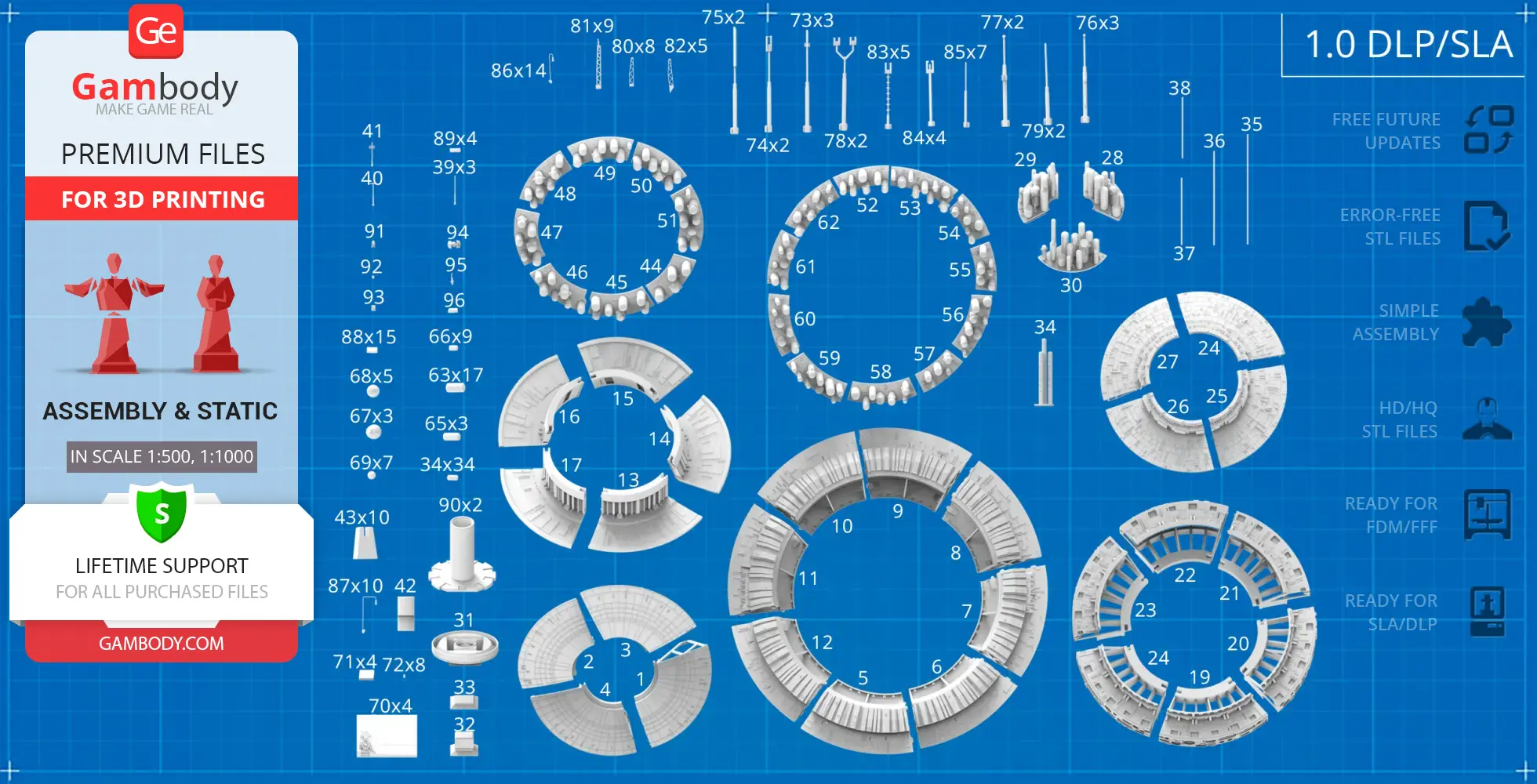 Sci-fi mothership 3D model assembly blueprint with labeled parts and dimensions for 3D printing.