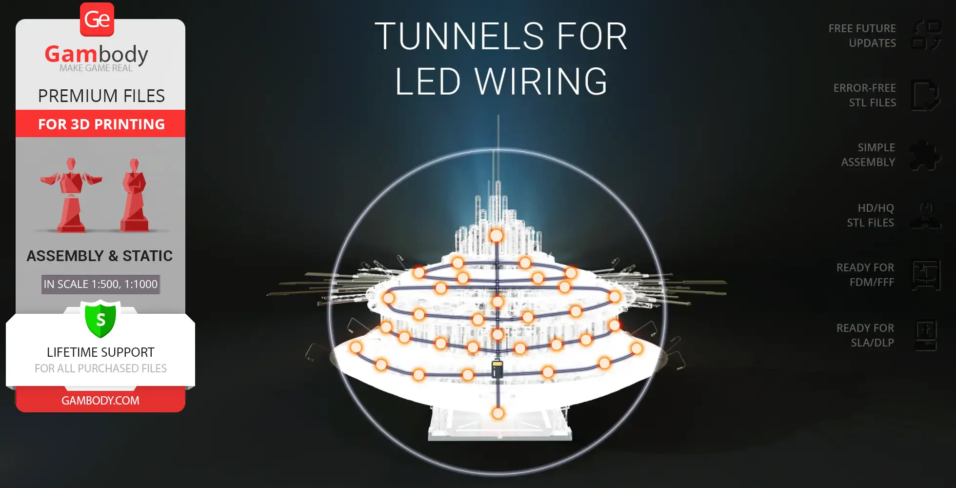 Sci-fi mothership model showing LED wiring tunnels, ready for 3D printing from Gambody.