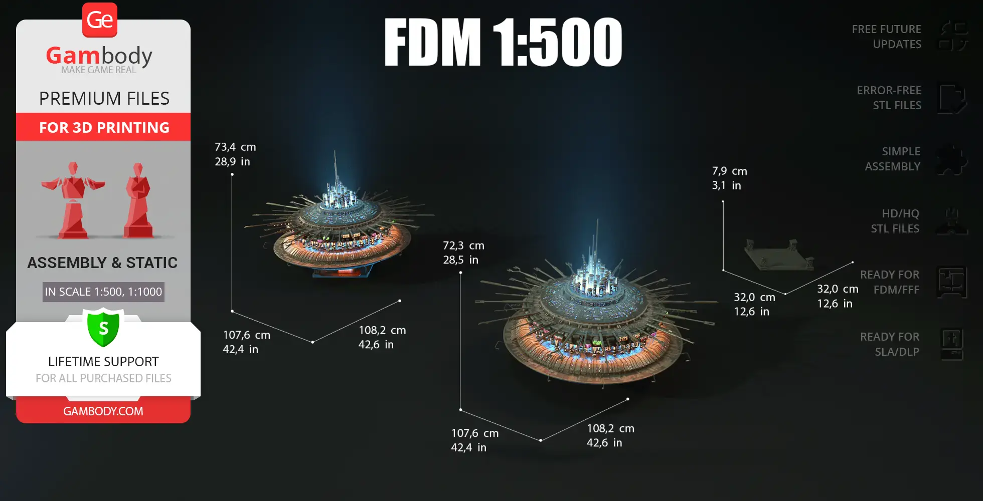 Sci-fi mothership models for 3D printing with dimensions and assembly info, featuring glowing structures.