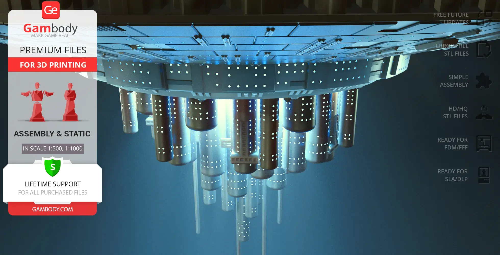 Futuristic mothership with illuminated cylindrical structures underneath, designed for 3D printing.