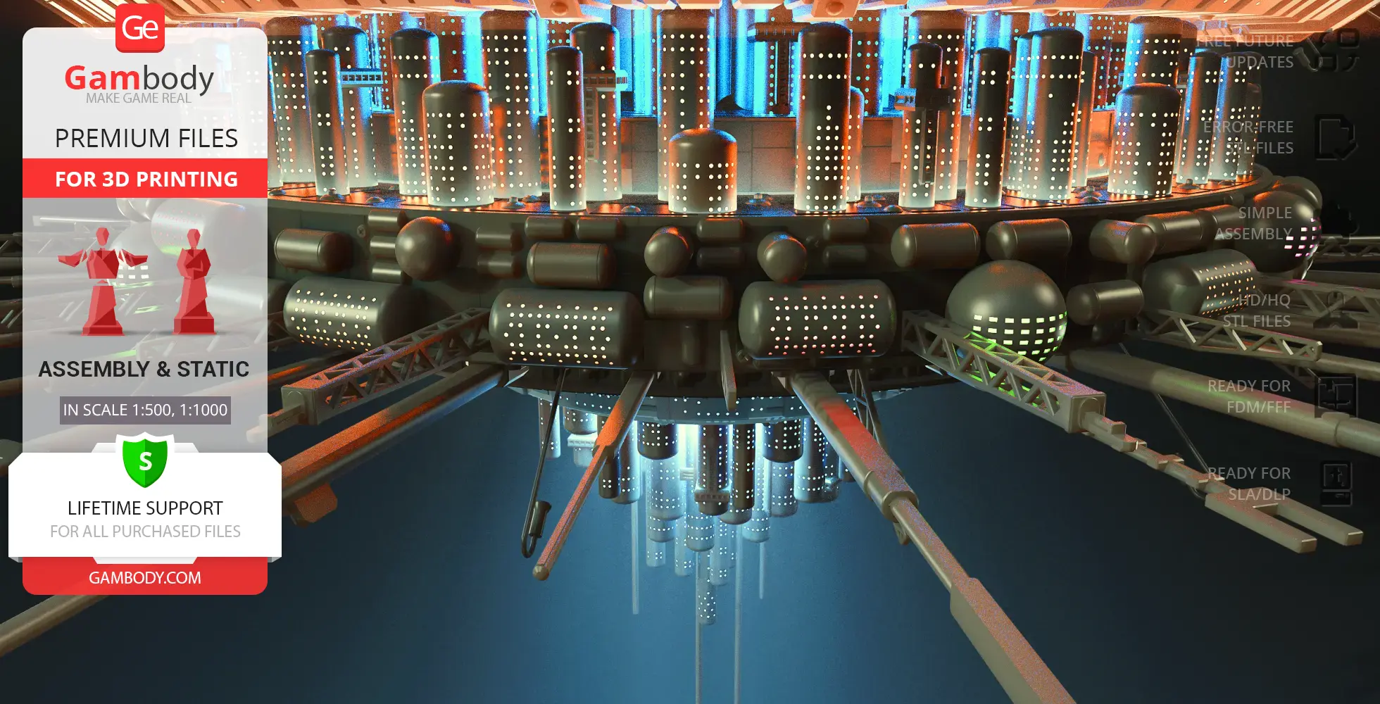 Futuristic cylindrical spaceship with glowing lights and extending structures for 3D printing.