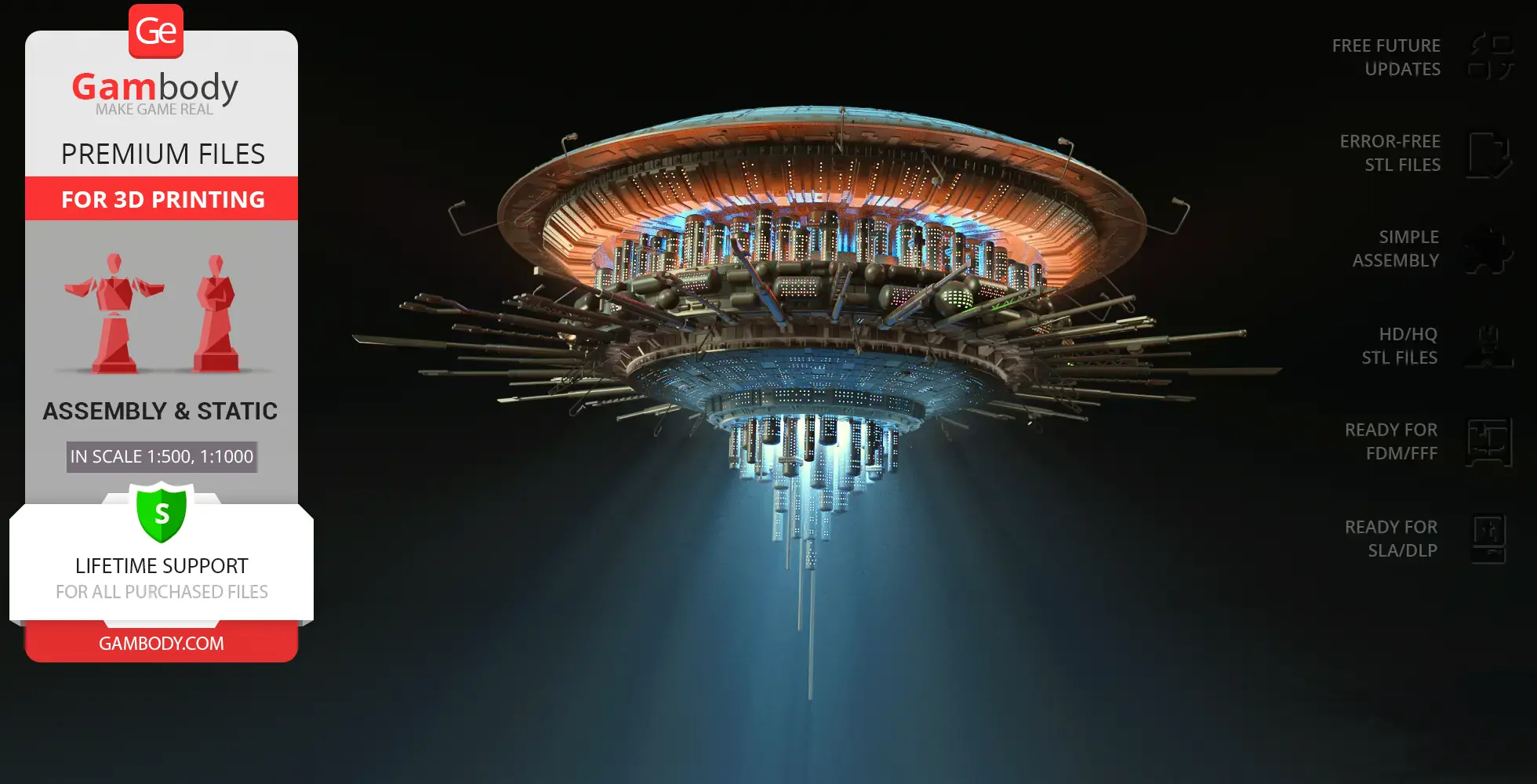 Futuristic sci-fi mothership model; circular design with radial structures, glowing elements underneath.