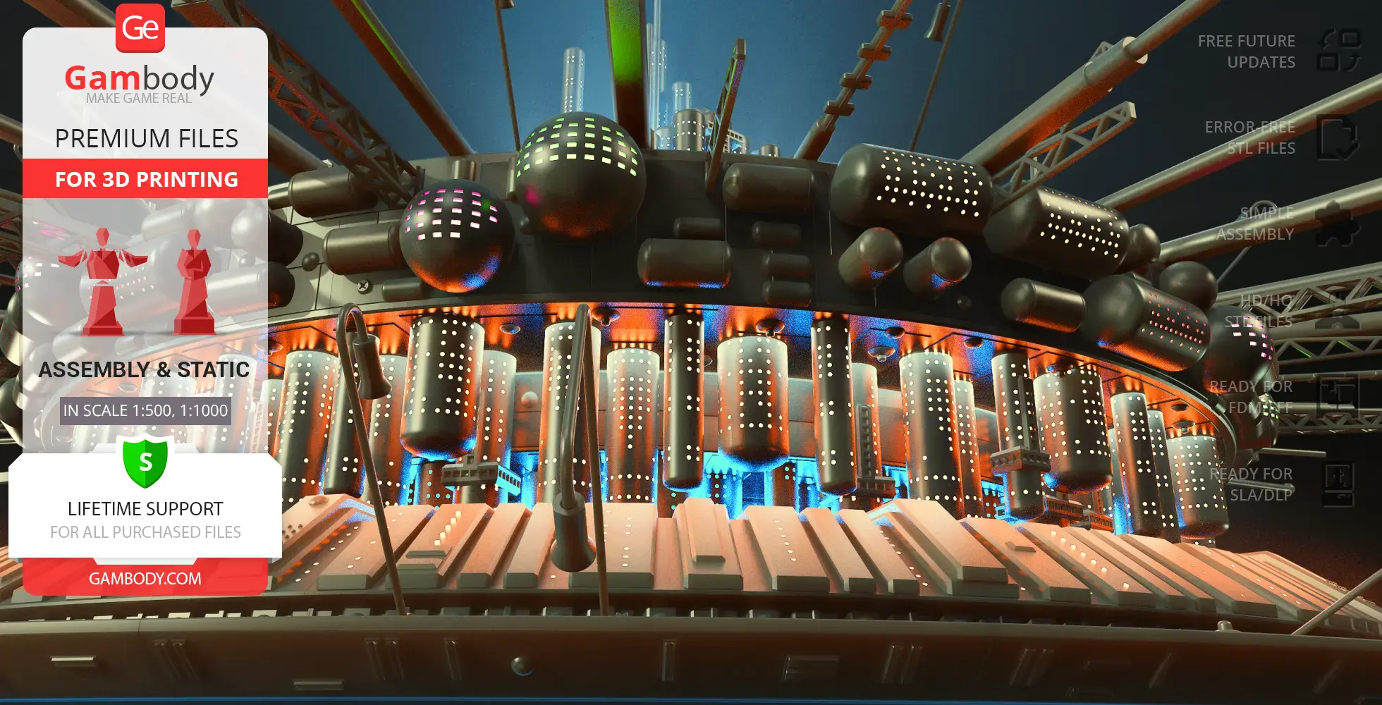 Detailed sci-fi mothership model with intricate structures and vibrant lighting, suitable for 3D printing.