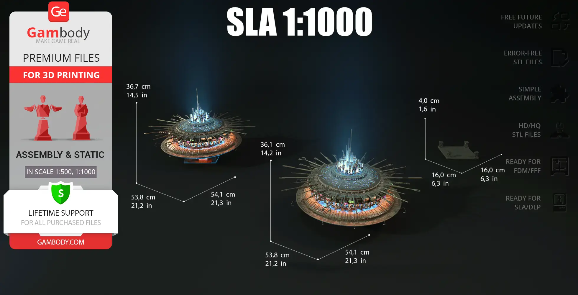 Futuristic disk-shaped mothership models with detailed structures and lights, shown with scaling dimensions.