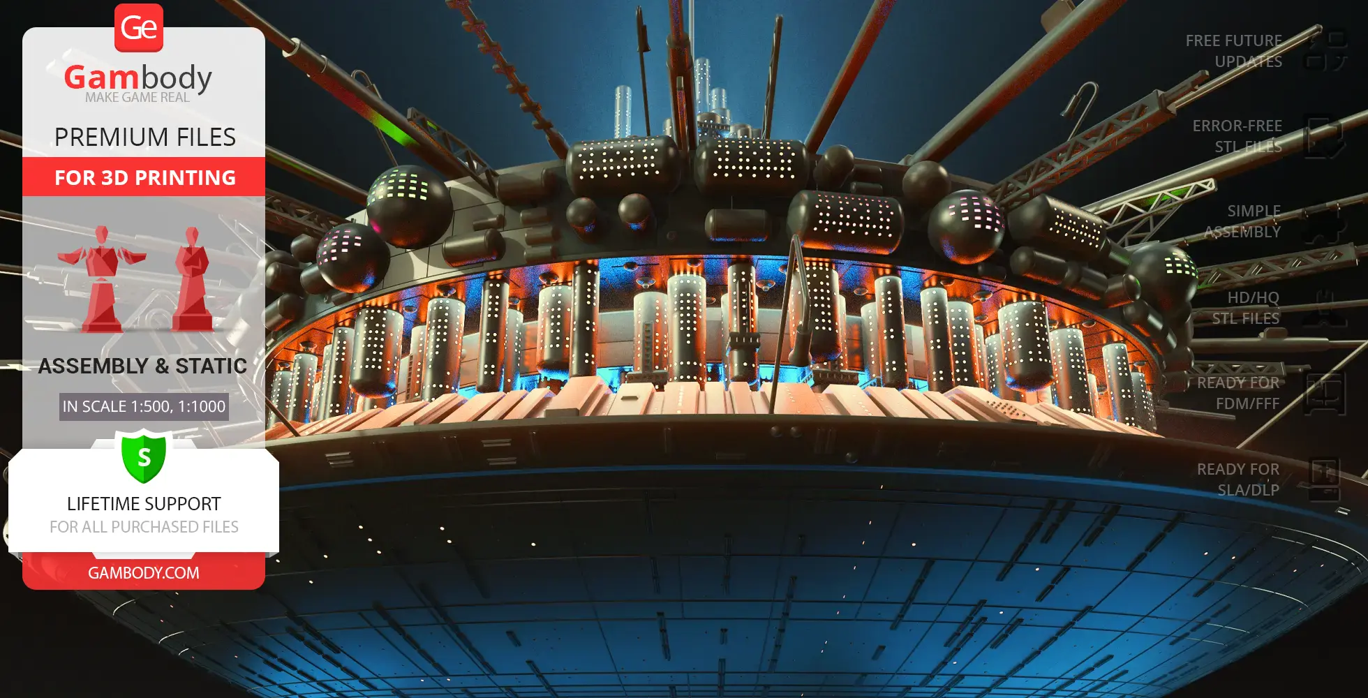 Futuristic sci-fi mothership with intricate structures, highlighting elements for 3D printing.