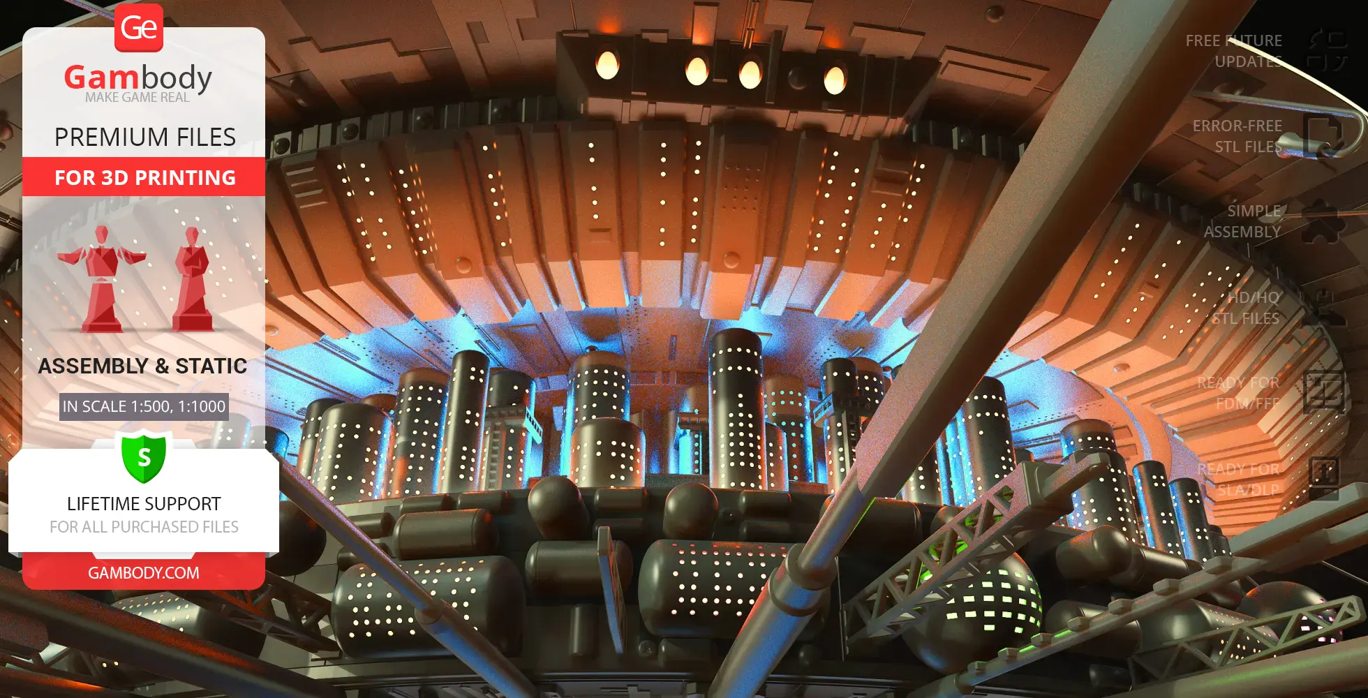 Futuristic sci-fi mothership model with illuminated cylindrical structures and intricate detailing.