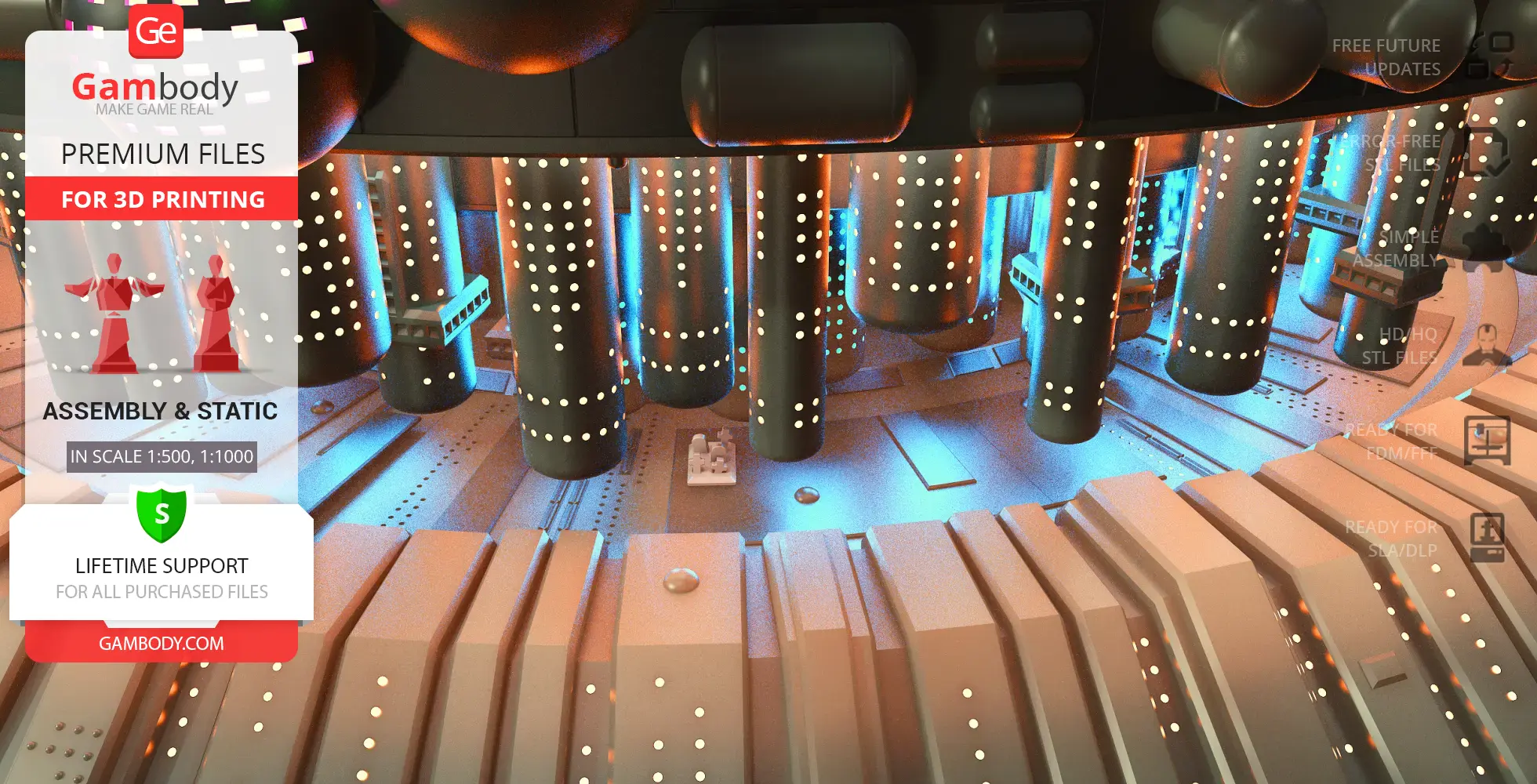 Futuristic spacecraft interior with cylindrical structures, dotted lights, and glowing blue accents.