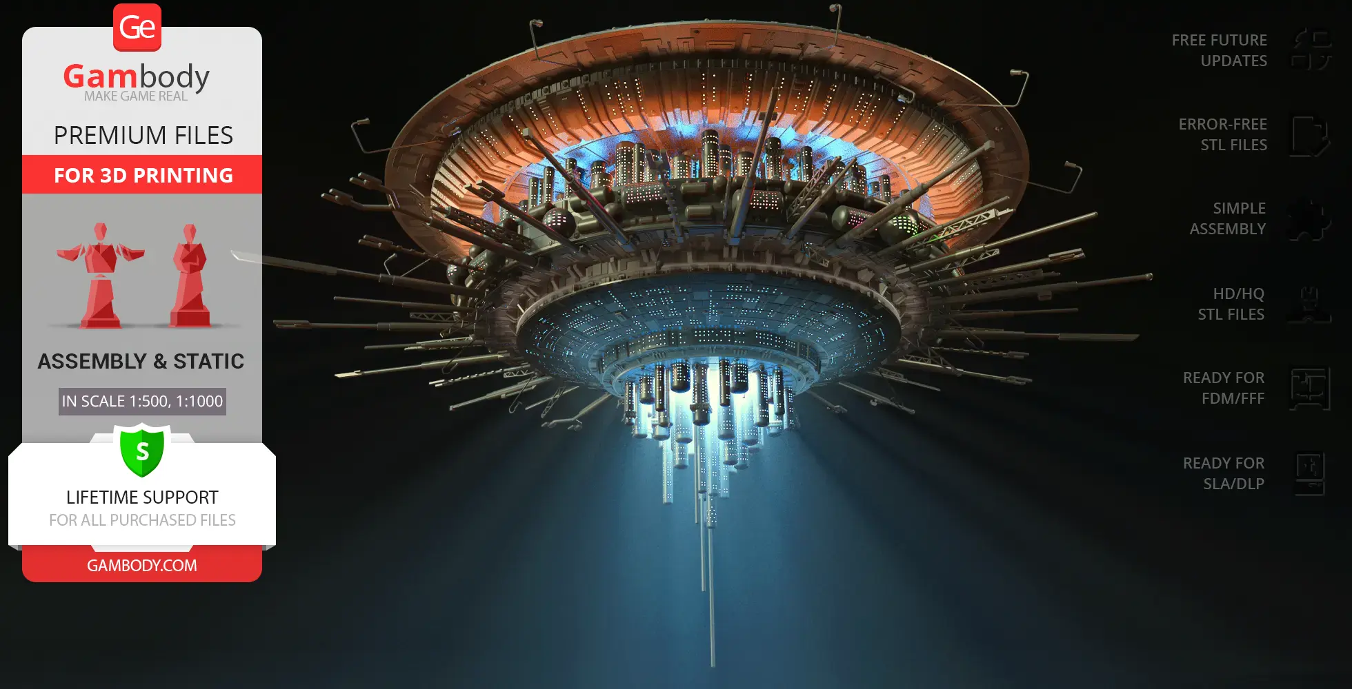 Futuristic sci-fi mothership with lights, intricate structures, and extended antennae, designed for 3D printing.